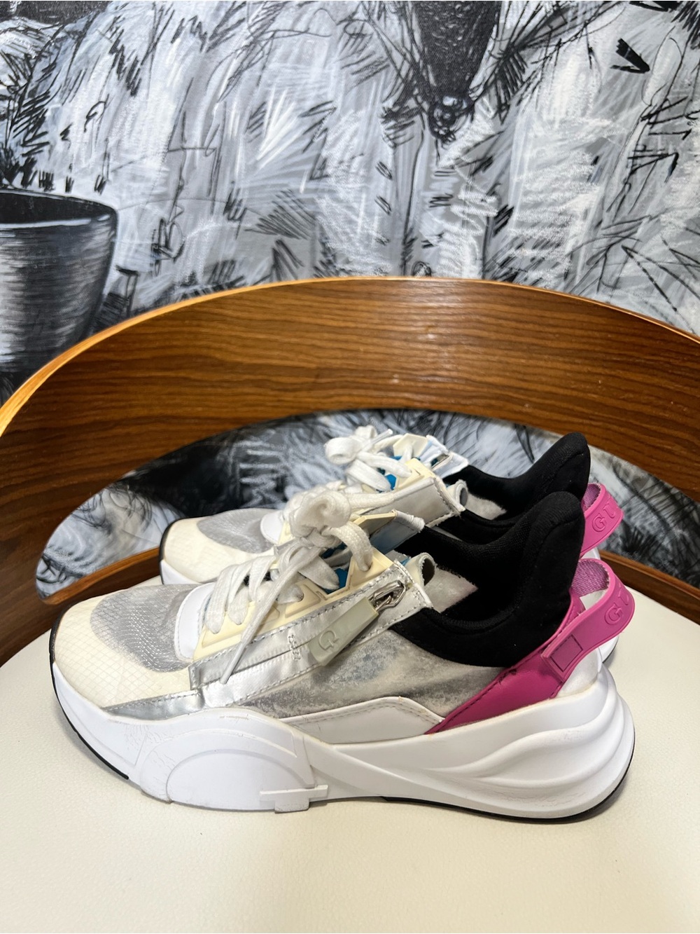 Guess Women’s Chunky Sneakers in White, Silver & Pink